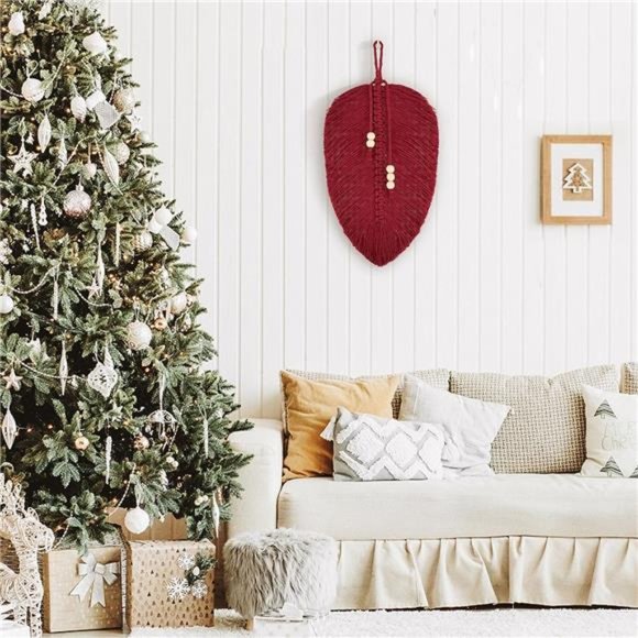 Wine Red Macrame Leaf Wall Hanging,Boho Wall Decor Handmade Macrame Wall Hanging - Picture 5 of 6